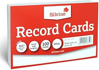Silvine 8x5" White Record Cards - Lined with Headline, 100 Cards per Pack. Ref 585W (203 x 127mm)