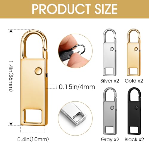 8 PCS Zipper Handle Mend Fixer Tab Metal Zipper Pull Replacement for Luggage Clothing Jackets Boots (Black+Grey+Silver+Gold) - Thumbnail 2