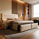BRILVERDE Cama tapizada 140x200 con Almacenamiento, LED, Cama Doble con cabecero Ajustable, con 4 cajones, Cama Juvenil con Base de Láminas, para Adultos, PU (Beige, 140 x 200 cm)