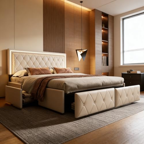 BRILVERDE Cama tapizada 140x200 con Almacenamiento, LED, Cama Doble con cabecero Ajustable, con 4 cajones, Cama Juvenil con Base de Láminas, para Adultos, PU (Beige, 140 x 200 cm)