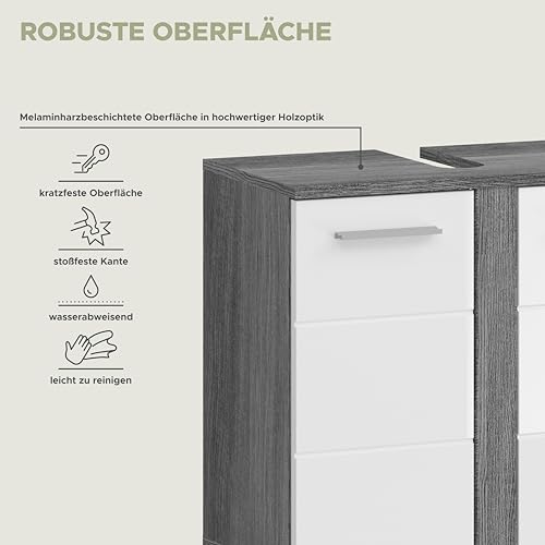 xonox.home Badezimmer Blake 2tlg. Kombination Badmöbel Set Set für kleine Bäder Komplettprogramm Badezimmer Bademöbel-Set in weiß Hochglanz, rauchsilber Nachbildung inkl. Beleuchtung