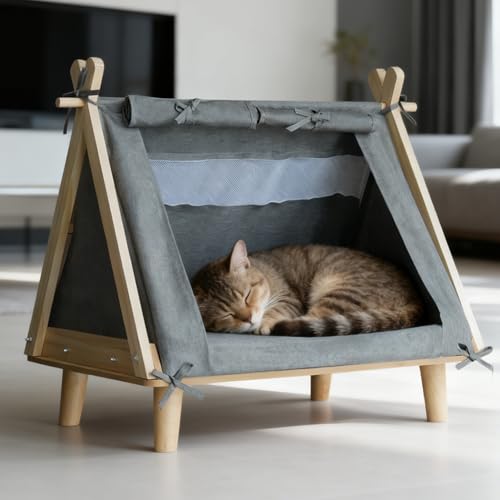 PETCUTE Tipi Tenda per Gatti e Cani,Pieghevole,Casa per Gatti con Telaio in Legno Resistente,Traspirante,Cuccia per Cani da Interno con Cuscino Rimovibile e Lavabile,Ideale per Interni ed Esterni