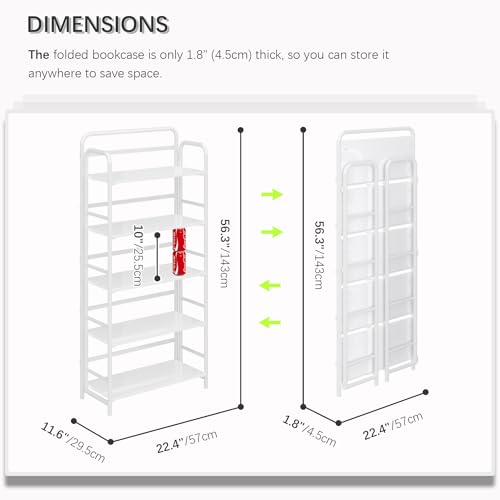Image of 4NM No Assembly Folding Bookshelf, 5 Tiers Collapsible Book Shelves Open Industrial Foldable Storage Bookcase Shelf for Bedroom, Living Room, Home Office - All White
