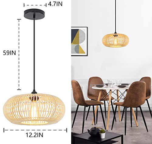 HXMLS Pendant Light, Farmhouse Hand-Woven Rattan Wicker Chandelier Dome Wicker Hanging Lamp, Vintage Wicker Woven Rattan Pendant Light Fixturefor Kitchen Island Dining Room Living Room - Image 5