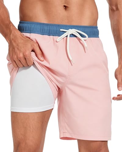Image of Mens Swim Trunks with Compression Liner 2 in 1 Quick Dry Swimming Shorts Swimwear Bathing Suits with Pockets