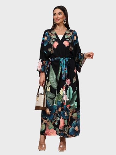 Swimsuit Coverups for Women Long Kimonos Robes Peocock Flower Printed Boho Beach Cover Ups Summer Holiday Sarong Wraps3