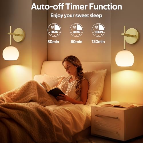 LABOREDUCER Battery Operated Wall Sconces Set of 2, Wireless Wall Sconces Decor Rechargeable Wall Light Indoor with Remote Frosted Glass LED Wall Lamp with 3 Colors RGB for Living Room Bedroom (Gold) — view 6