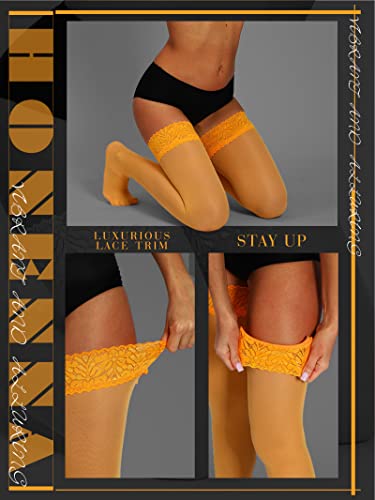 Image of HONENNA Semi Sheer Stay Up Lingerie Thigh High Stockings Lace Top Size A-F