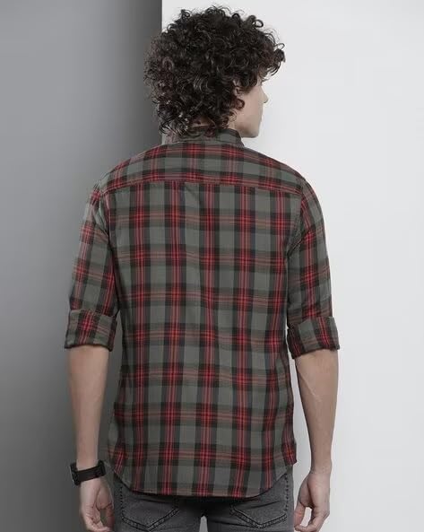 Image of Men's Cotton Casual Checked Classic Collar Slim Fit Shirt
