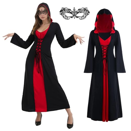 Womens Halloween Costumes for Adults Medieval Hooded Maxi Dress for Women Fashion Hooded Robe Cosplay (Black and red, 4XL)