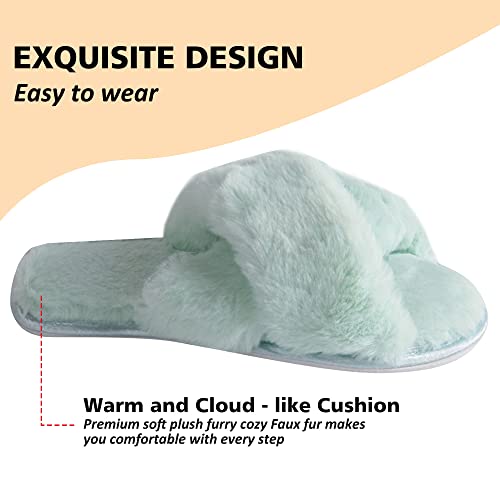Fuzzy Cross Band Open Toed Slippers for Womens Furry Home Slippers Fluffy Slip on House Shoes Indoor Outdoor Slippers4