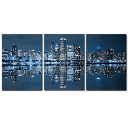 Pacimo Chicago Cityscape Modern Canvas Wall Art Prints Artwork Skyscrapers at Night View Paintings City Skyline Pictures Painting for Home Decorations Decor Framed Ready to Hang - 20"x28"x3 Panels by Pacimo - Used condition - US$55.19