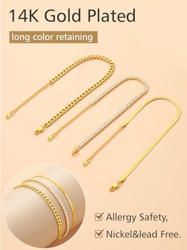 Image of FindChic Black /Silver /Gold Plated Anklets Set of 2PCS /3PCS Herringbone Chain Cuban Link Heart Charm Sparkling Tennis Ankle Bracelets, Waterproof Summer Foot Jewelry for Beach