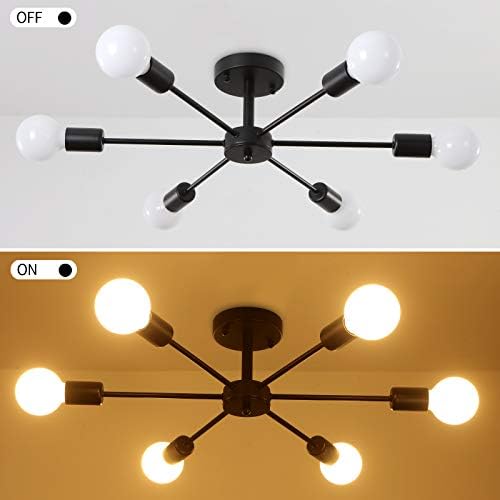 Modern Sputnik Chandeliers 6 Lights, Semi Flush Mount Ceiling Light Black Pendant Lighting for Bedroom Living Room Kitchen Dining Room Restaurant (Black)