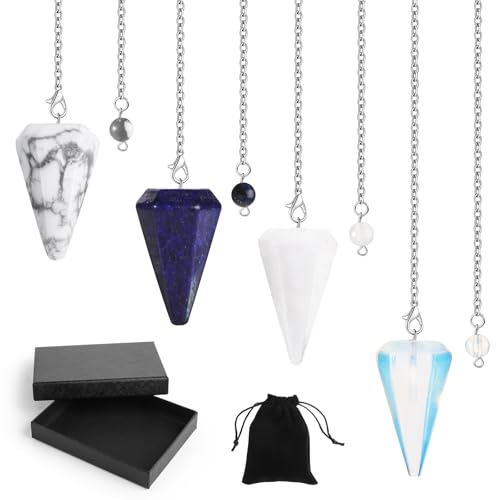 YPLonon 4Pcs Pendule Divinatoire de Radiesthésie Pendule Hexagonale en Cristal avec Chaîne Pendules en Pierre Naturelle pour la Divination Méditation l'équilibre et Radiesthésie