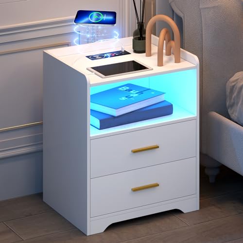 dnbss White LED Nightstand with Charging Station and 24-Color RGB Lights Nightstand,Smart Bedside Table, Bed Side Table/Night Stand for Bedroom, Night Stand Bedside Table