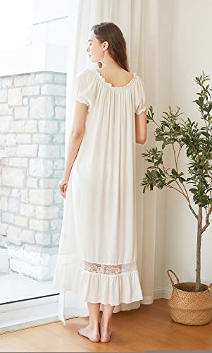 Sharebeauty Soft Natural Rayon Nightgown For Women Short Puff Sleeve Calf Length Night Dress Scoop Neck Sleepwear Loungewear Nightshirt Pajamas White M #TOP3