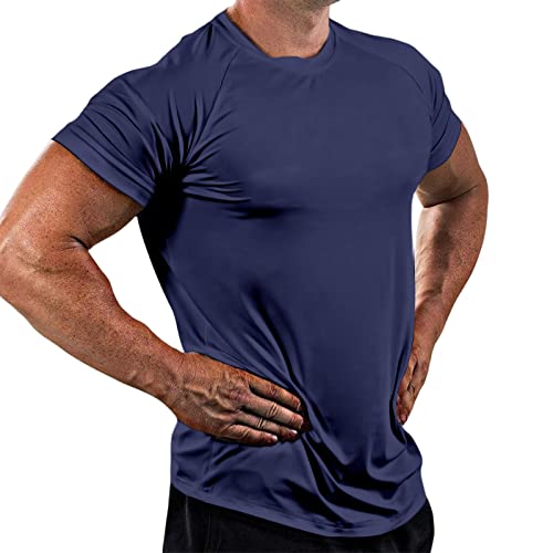 Mens Workout Shirts Casual Athletic Slim Fit Quick Dry Exercise Fitness Short Sleeve Gym Moisture Wicking Top Navy Blue #TOP12