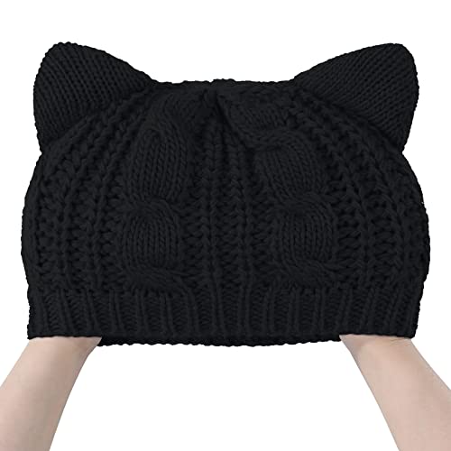 Durio Cat Ear Beanie Hat Cute Beanie With Ears For Women Teen Girls Crochet Kawaii Anime Beanie Black #TOP1
