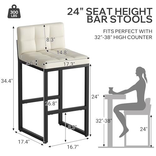 Image of 24 inch Bar Stools Set of 2, Modern Faux Leather Counter Height Bar Stools with Low Back and Footrest, Sturdy Thickened Metal Leg, Upholstered Kitchen Bar Chairs for Island, Beige