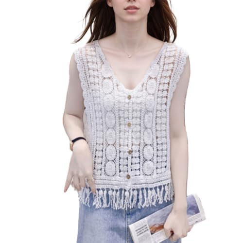EMOTTOS Ärmellose Strickweste für Damen mit V-Ausschnitt, Gehäkelte Strickjacke mit Fransen am Saum, Knöpfe Sommer-Überwurf für Abendkleider und...