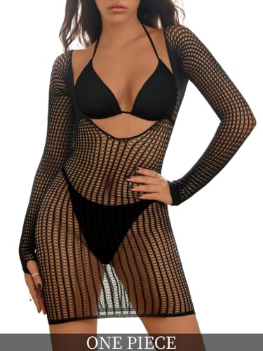 Image of Lilosy Sexy Crochet Sheer Long Sleeve Cover Up Swim Bathing Suit Beach Dress One Piece