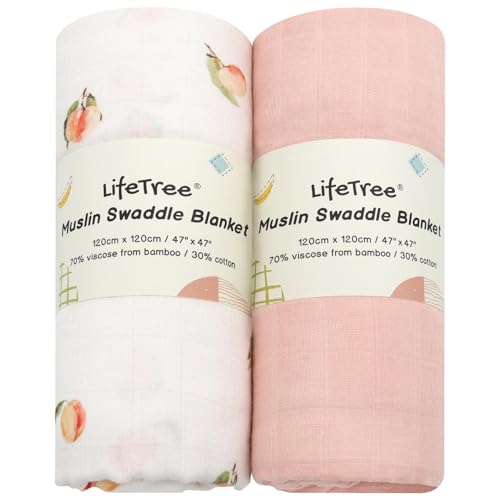 Image of LifeTree Baby Swaddle Blankets, Boys Girls Muslin Swaddling Wrap Receiving Blanket for Newborn, 70% Viscose from Bamboo and 30% Cotton, Large 47 inch x 47 inch, Peach and Pink