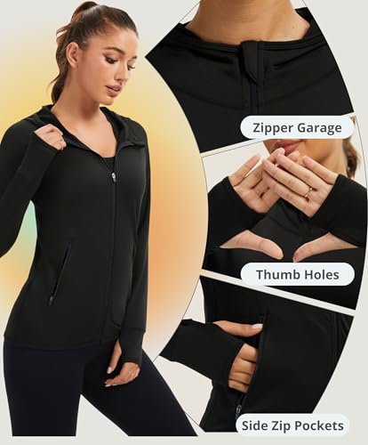 AMZSPORT Sportjacke Damen Laufjacke Gebürstetes Innenfutter Trainingsjacke mit Kapuze für Yoga Gym Fitness, Thermoschwarz M