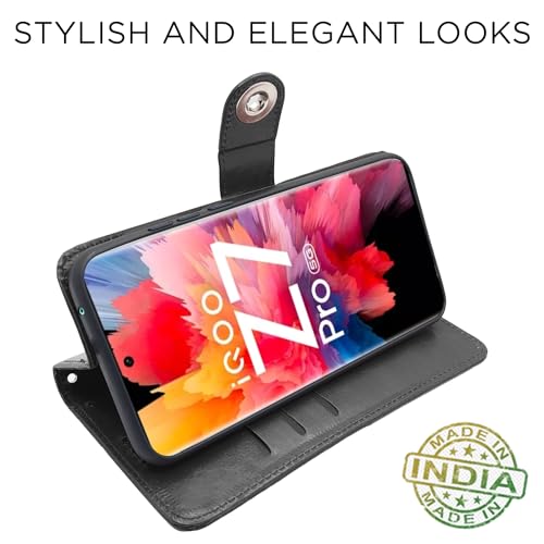 Image of Pikkme iQOO Z7 Pro 5G Flip Cover Leather Finish | Inside TPU with Card Pockets | Wallet Stand and Shock Proof | Complete Protection Button Flip Case for iQOO Z7 Pro 5G (Black)