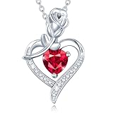 AGVANA July Birthstone Jewelry Ruby Necklace for Women Sterling Silver Rose Flower Heart Pendant Necklace Fine Jewelry Anniversary Birthday Gifts for Women Mom Wife Lady Her