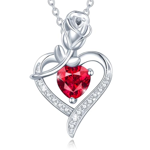 AGVANA July Birthstone Jewelry Ruby Necklace for Women Sterling Silver Rose Flower Heart Pendant Necklace Fine Jewelry Anniversary Birthday Gifts for Women Mom Wife Lady Her
