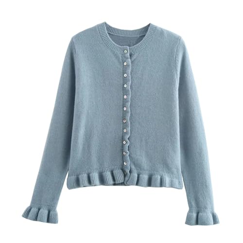 Image of FindThy Women's Cropped Cardigan Sweater Trendy Crewneck Ruffle Long Sleeve Button Down Knitwear Tops