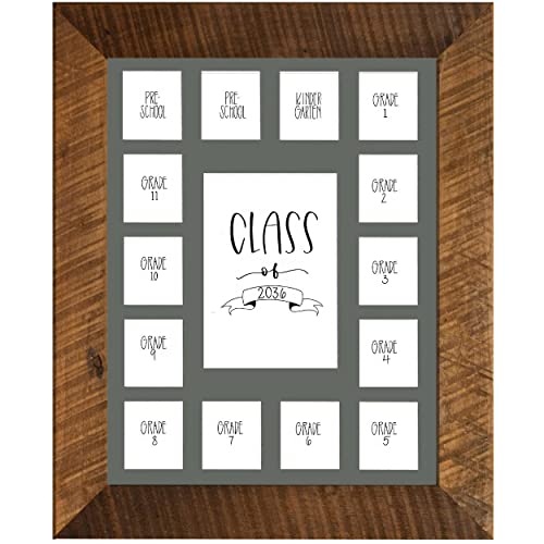 Image of Rustic Red Door Co. School Years Reclaimed Wood Picture Frame with Mat - 11x14 Wooden Framed 15 Photo Collage Mat Pre-School & Kindergarten to 12th Grade High School Graduation (Class of 2036, Grey)