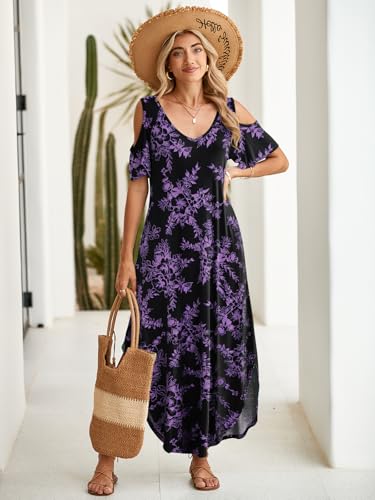 Image of BELAROI Womens Cold Shoulder Maxi Dress Plus Size V Neck Summer Sundresses with Pockets Beach Coverup Vacation Outfits