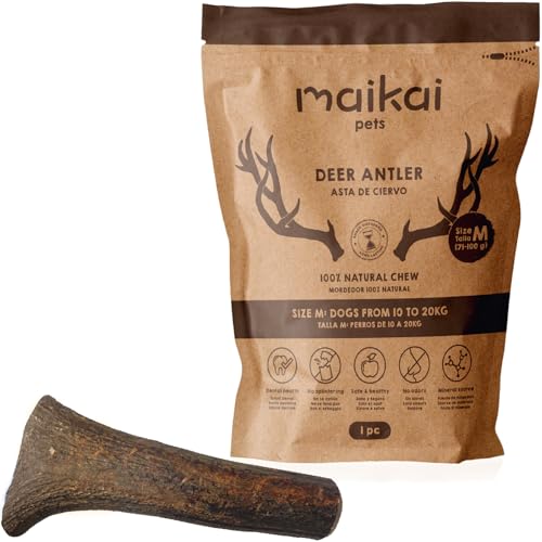 MAIKAI Corno di Cervo per Cani Grandi M – Masticativo Naturale Senza Punta – Osso Inodore Antitartaro – Giocattolo Antistress Resistente – Snack Lunga Durata - Regali per Cani