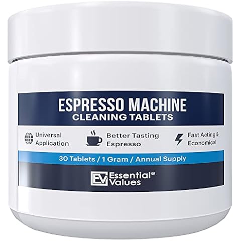 Essential Values Espresso Machine Cleaning Tablets (30 Tablets), Compatible with Breville Barista Express, Gaggia, Delonghi, Jura, Philips - Universal Descaler for Espresso Machines Cover