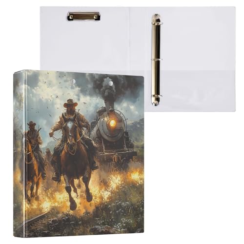 Image of 3 Ring Binder Cowboy Western Fire 1.5 inch Binders Three Ring Binders with Clipboard Fit 8.5'' x 11'' Paper 3 Interior PVC Clear Pockets for Office Supplies