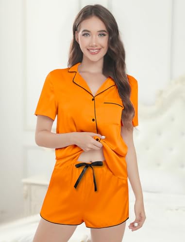 Image of Silk Pajamas for Women Satin Womens PJ Set 2 Piece Short Lounge Set Summer Sleepwear Notch Collar Button-Down Pjs