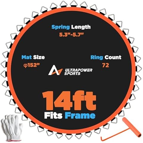 Trampoline Mat Replacement 14FT Trampoline Replacement Mat 14 FT Replacement Trampoline Mat 72 Rings Jumping Mat for 72 Springs 5.3"-5.7" Spring 10 Row Stitch Anti-UV Wear-Resistant Spring Hook Gloves Cover