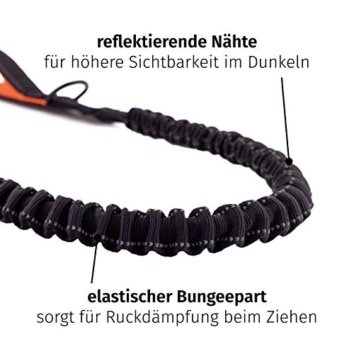 Floxik Hundeleine elastisch 150 cm | Premium Bungeeleine inkl. Kurzführer in verschiedenen Größen (1 m / 1,20 m / 1,50 m) | schwarz/orange & reflektierend