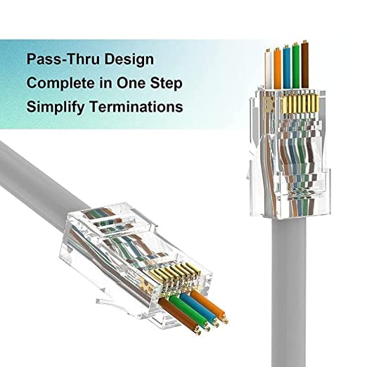 Image of FEDUS 100 Pcs RJ45 Cat6 Pass Through Connector RJ45 Ends, Cat5, Cat5e, Cat6 8P8C RJ45 Connector, Ethernet Cable Crimp Connectors UTP Network Plug Solid Wire and Standard Cable, LAN Crimp Module Plugs