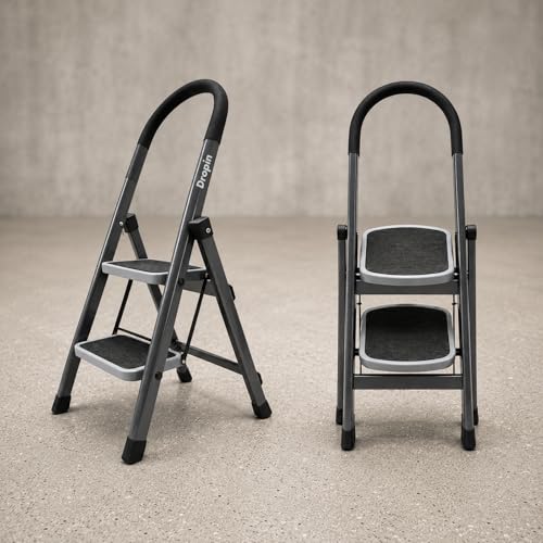 Image of Dropin Premium Steel 2 Step Foldable Ladder for Home Use with Built-in Tool Tray, Climb Easy Anti-Slip Wide Rubber Secure Lock 150Kg Capacity, Heavy Duty D Shape Rods - 20 x 30 cm Large Platform