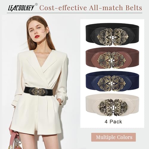 LEACOOLKEY 4 Pack Women Vintage Wide Waist Belts for Dress, Elastic Cinch Belt with Retro Interlocking Buckle2
