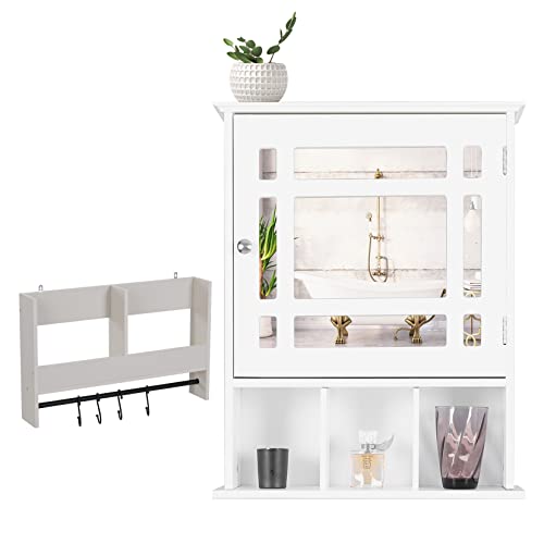 PHI VILLA Armoire à pharmacie de salle de bain avec miroir et portes miroir et étagère réglable pour salle de bain et salon, blanc Cover