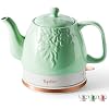 Toptier Electric Ceramic Tea Kettle, Boil Water Quickly and Easily, Detachable Swivel Base & Boil Dry Protection, Carefree Auto Shut Off, 1 L, Green Leaf