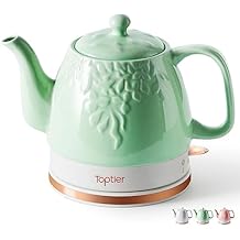 Toptier Electric Ceramic Tea Kettle, Boil Water Quickly and Easily, Detachable Swivel Base & Boil Dry Protection, Carefree Auto Shut Off, 1 L, Green Leaf