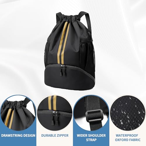Image of JELUTAR Drawstring Backpack Gym Bag with Shoes Pocket, Black Gold | Water-Resistant String Backpack for Soccer, Basketball, Swim, Beach Cinch for Women Men, 18 L Large Capacity, Wet Pocket
