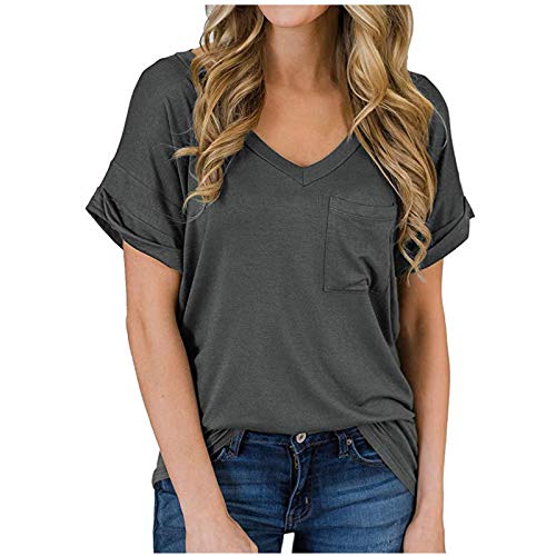 Iusun Women Short Sleeve T-Shirts Casual V-Neck Pocket Ruffled Loose Solid Color Tee Tops Tunic Tank Vest Blouse