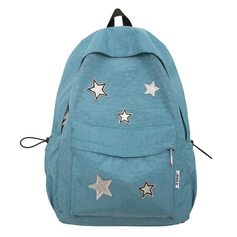 Kawaii Backpack with Cute Accessories Simple Modern Star Pattern Backpack Big Capacity Backpack (Blue)