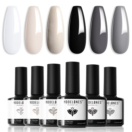 modelones Neutral Gel Nail Polish Set - 6 Colors Milky White Nude Gray Black Glitter Gel Nail Polish Kit Popular and Classic Collection Nail Polish Soak Off LED Gel Nail Art Manicure DIY Home Salon